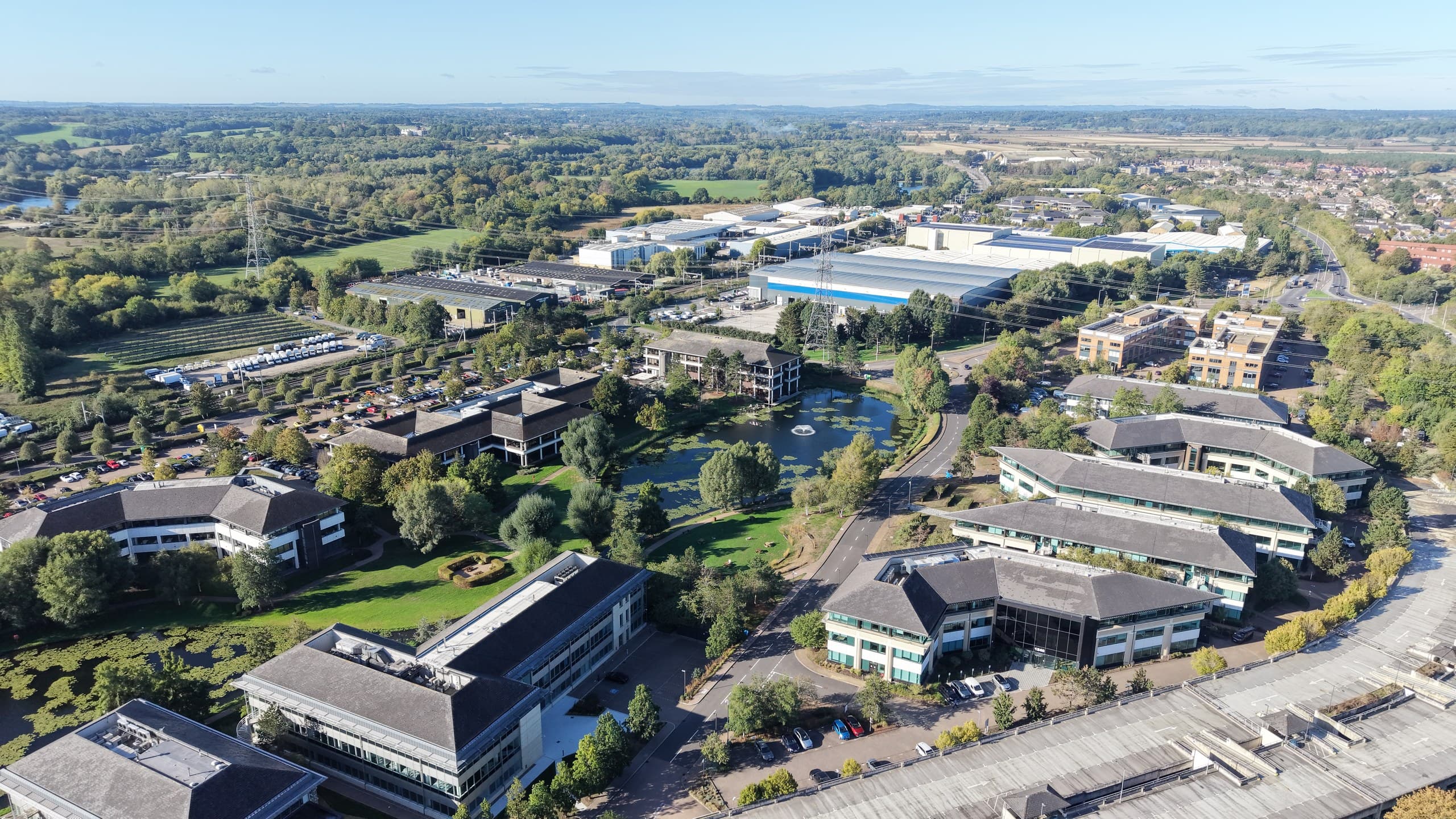 Aerial view across the lakes and offices at Arlington Park